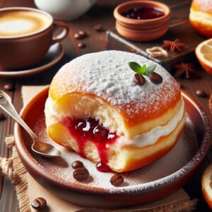 Ein Foto von frisch gebackenen Berlinern, gefüllt mit Marmelade und bestäubt mit Puderzucker. Diese fluffigen Krapfen sind der perfekte Genuss für jede Kaffeepause und ein traditioneller Leckerbissen, den man ganz einfach zu Hause zubereiten kann. Überrasche deine Familie und Freunde mit diesem köstlichen Klassiker!