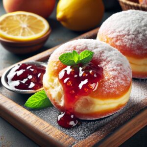 Ein köstlicher Berliner Pfannkuchen, knusprig von außen und fluffig gefüllt mit fruchtiger Marmelade. Ein süßes Highlight der deutschen Backkunst, das jede Naschkatze begeistert! Hol dir das Rezept und genieße einen echten Genussmoment zuhause.