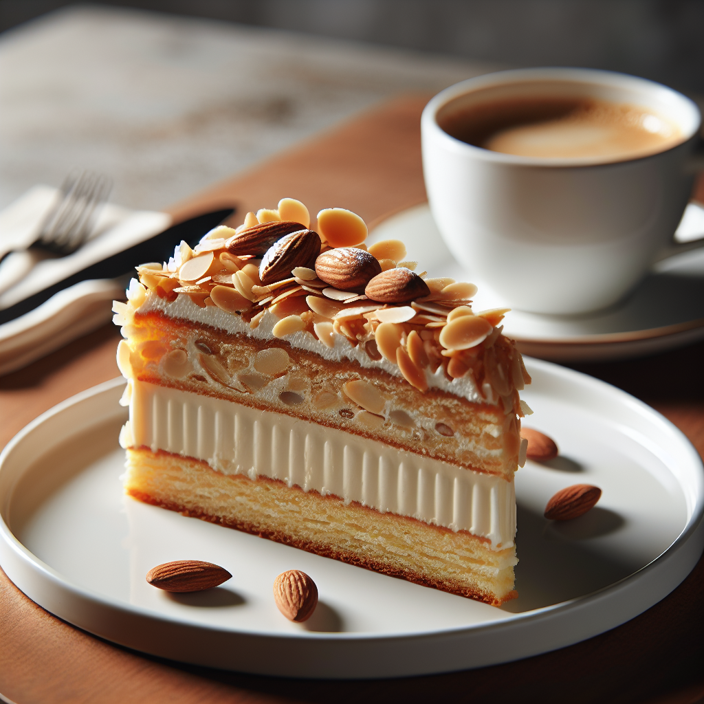 Ein Stück Bienenstich-Kuchen auf einem weißen Teller, mit knuspriger Mandelschicht und cremiger Vanillefüllung. Ein Genuss für Kaffeeklatsch oder festliche Anlässe.