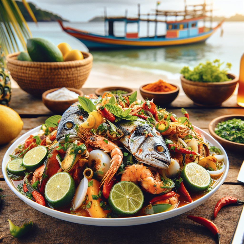 Ein köstlicher Teller mit Calulu de Peixe, einem exotischen Nationalgericht aus São Tomé. Frischer Fisch, aromatische Kräuter und würzige Zutaten vereinen sich zu einer wahren Gaumenfreude. Tauchen Sie ein in die unverwechselbaren Aromen und erleben Sie ein kulinarisches Abenteuer an den Küsten São Tomés. Genießen Sie den Geschmack der Tropen!