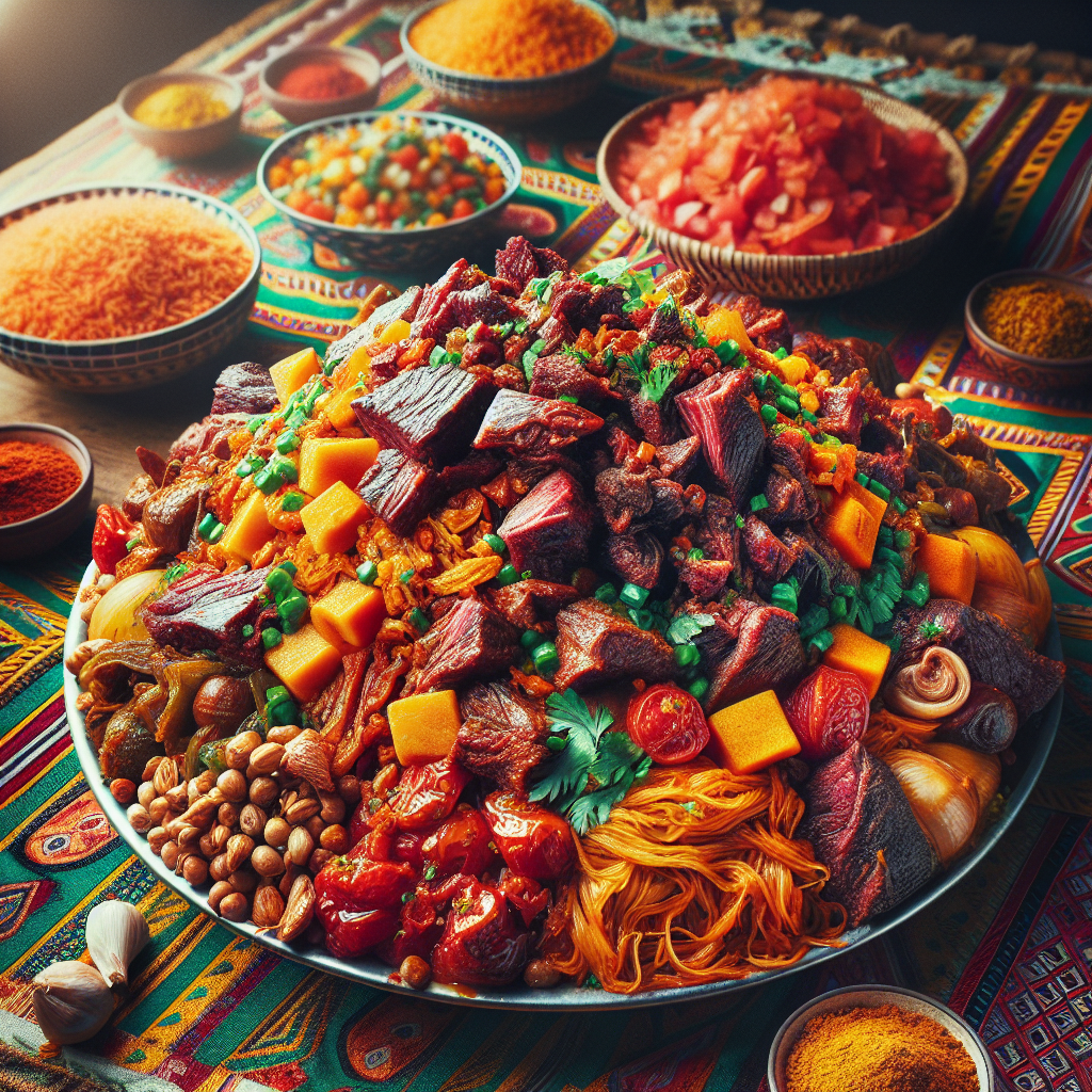 Ein bunter Teller voller Djerma, dem köstlichen Nationalgericht Nigers. Saftiges Fleisch, aromatische Gewürze und traditionelle Zubereitungstechniken vereinen sich zu einem Fest für die Sinne. Tauche ein in die kulinarische Vielfalt Afrikas und genieße den authentischen Geschmack von Djerma!