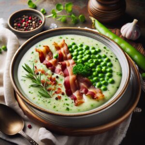 Ein dampfender Teller mit cremiger Erbsensuppe, garniert mit knusprigen Speckstückchen und frischen Kräutern. Ein klassisches deutsches Gericht, das Generationen verbindet und Gemütlichkeit auf den Tisch bringt.