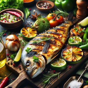 Ein köstlicher gegrillter Fisch, zubereitet mit frischen lokalen Zutaten und exotischen Gewürzen, verführt die Sinne und bringt Urlaubsfeeling in die heimische Küche. Perfekt für sommerliche Grillabende!