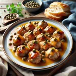 Ein Teller mit Königsberger Klopsen, zartes Fleischbällchen in heller Sauce mit Kapern. Ein traditionelles deutsches Gericht, das die Essenz der deutschen Küche verkörpert.