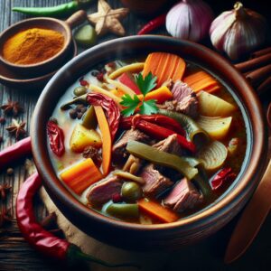 Ein dampfender Teller voller Joumou-Suppe, verziert mit zarten Fleischstücken und buntem Gemüse. Die exotischen Gewürze verleihen diesem traditionellen Gericht aus Haiti eine einzigartige Note, die den Gaumen verwöhnt und die Sinne verzaubert. Ein authentisches kulinarisches Erlebnis, das Freiheit und Geschichte symbolisiert und einen Hauch von Karibik auf den Tisch bringt. Tauchen Sie ein in die geschmackvolle Welt der Haitianischen Joumou-Suppe!