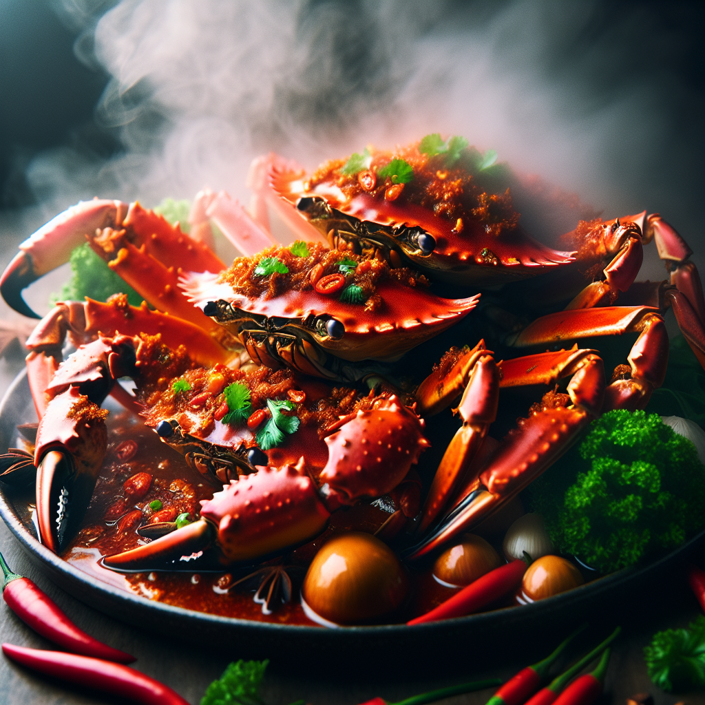 Ein dampfender Teller mit Chili Crab, verziert mit frischen Kräutern und Gewürzen. Die rote Chilisauce glänzt verlockend auf den saftigen Krabbenbeinen, bereit, Ihre Sinne zu betören und Ihren Gaumen zu verwöhnen. Tauchen Sie ein in die exotische Aromenwelt Singapurs und erleben Sie einen kulinarischen Höhepunkt voller Geschmacksexplosionen. Gönnen Sie sich dieses unvergleichliche Genusserlebnis und lassen Sie sich von der Magie der singapurischen Küche verzaubern!