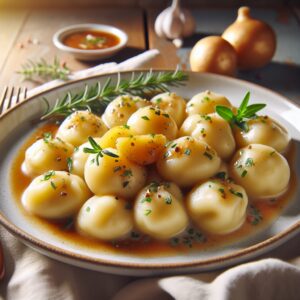 Ein Teller mit dampfenden Kartoffelklößen, serviert mit einer herzhaften Soße und frischen Kräutern. Die Klöße sind perfekt geformt und strahlen deutsche Tradition aus. Ein einfaches, aber köstliches Nationalgericht, das jeden Anlass bereichert. Probier es selbst aus und erlebe den unverwechselbaren Geschmack dieser leckeren Beilage!