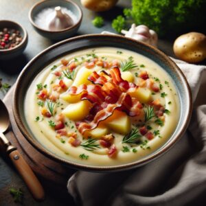 Ein dampfender Teller mit cremiger Kartoffelsuppe, garniert mit knusprigem Speck und frischen Kräutern. Die Suppe strahlt Gemütlichkeit aus und verspricht wohltuende Wärme an kalten Tagen. Ein traditionelles deutsches Gericht, das Herz und Magen gleichermaßen erfreut.