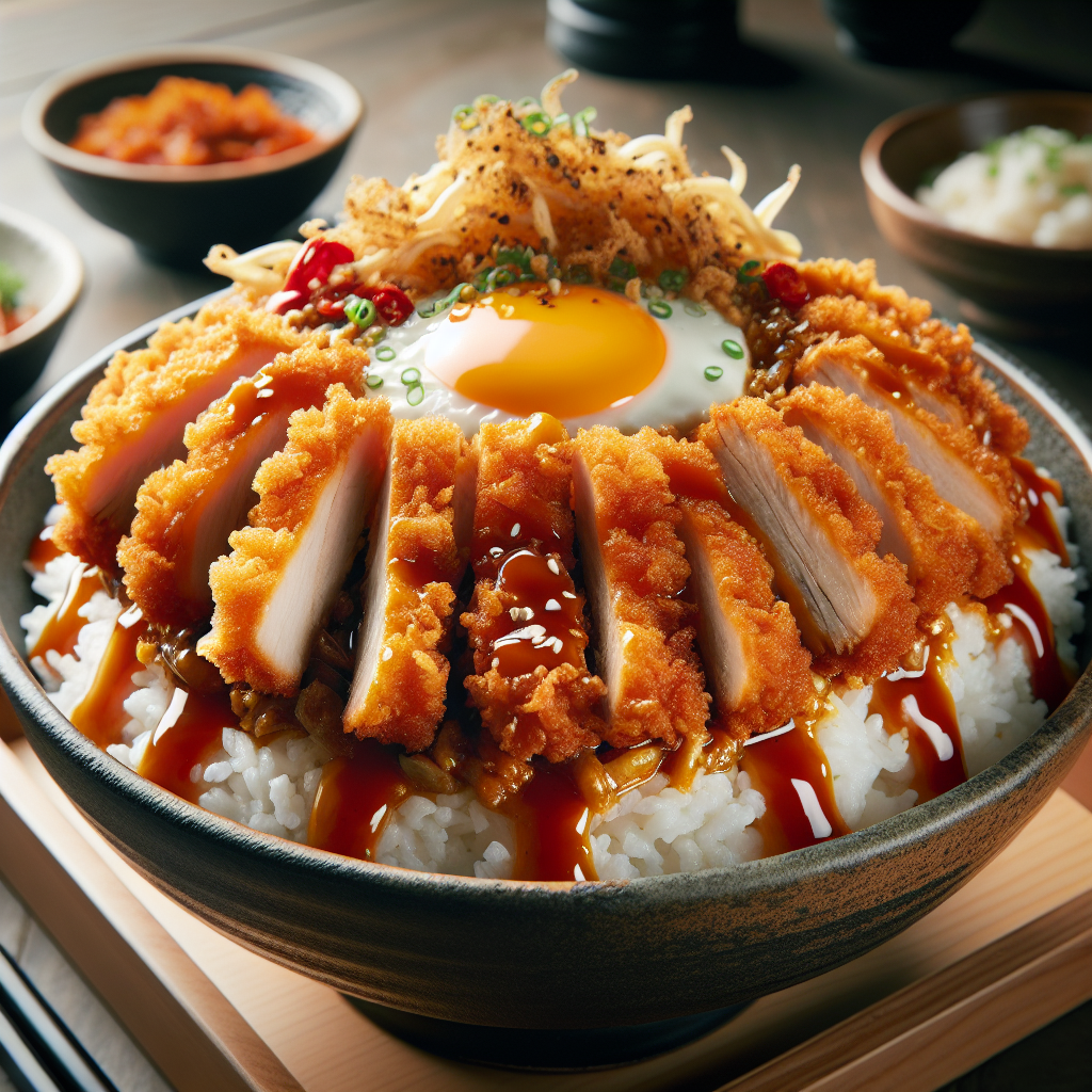 Ein köstliches Katsudon-Gericht, bestehend aus knusprig gebratenem Schweineschnitzel auf fluffigem Reis und einer würzigen Eimischung. Ein authentischer Geschmack Japans, der Liebhaber der asiatischen Küche begeistern wird.