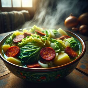 Ein dampfender Teller voller Caldo Verde, einer traditionellen portugiesischen Kohlsuppe mit Kartoffeln, Zwiebeln und Chorizo. Die perfekte Wohlfühlmahlzeit für kalte Tage.