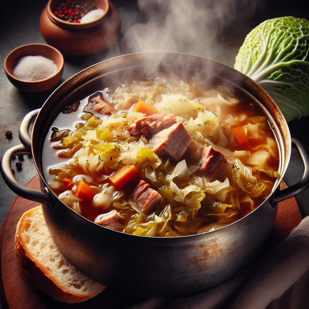Ein dampfender Topf mit Kapustnica, einer traditionellen slowakischen Kohlsuppe, gefüllt mit würzigen Aromen von Fleisch, Gemüse und Gewürzen. Die Suppe ist reichhaltig und herzhaft, perfekt für kalte Winterabende. Ein Stück Brot liegt neben dem Topf bereit zum Eintauchen in die köstliche Brühe. Der Duft von Kapustnica erfüllt den Raum und verspricht ein wohliges Geschmackserlebnis.