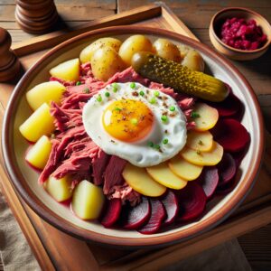 Ein Teller Labskaus, bestehend aus Corned Beef, Kartoffeln und Rote Beete, garniert mit einem Spiegelei und Gewürzgurke. Ein traditionelles norddeutsches Gericht voller Geschmack und Geschichte.