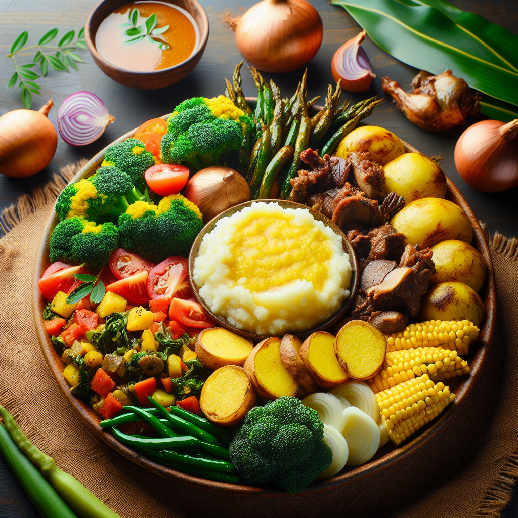 Ein Teller mit Ugali, dem traditionellen Maisbrei aus Ruanda, umgeben von frischem Gemüse und saftigen Fleischgerichten. Ein kulinarisches Erlebnis, das die Vielfalt der afrikanischen Küche widerspiegelt.