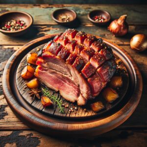 Ein rustikales Kasseler-Gericht auf einem Holzteller, saftiges und geräuchertes Fleisch perfekt gewürzt und zart gegart. Ein traditionelles Nationalgericht der deutschen Küche, das den authentischen Geschmack hervorbringt. Erlebe die Essenz der deutschen Küche in jedem Bissen dieses köstlichen Gerichts.