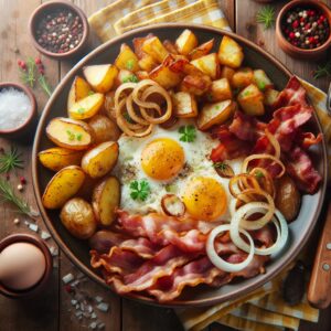 Ein Teller mit duftendem Bauernfrühstück: knusprige Bratkartoffeln, saftiger Speck und frisch verquirlte Eier, verfeinert mit Zwiebeln und Kräutern. Ein herzhafter Start in den Tag!