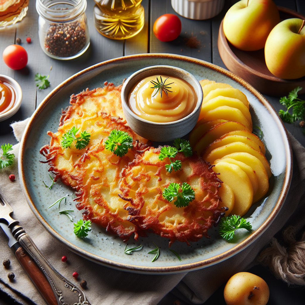 Ein Teller voller knuspriger Reibekuchen, serviert mit Apfelmus und frischen Kräutern. Ein köstliches deutsches Nationalgericht, das jeden Gaumen verführt.