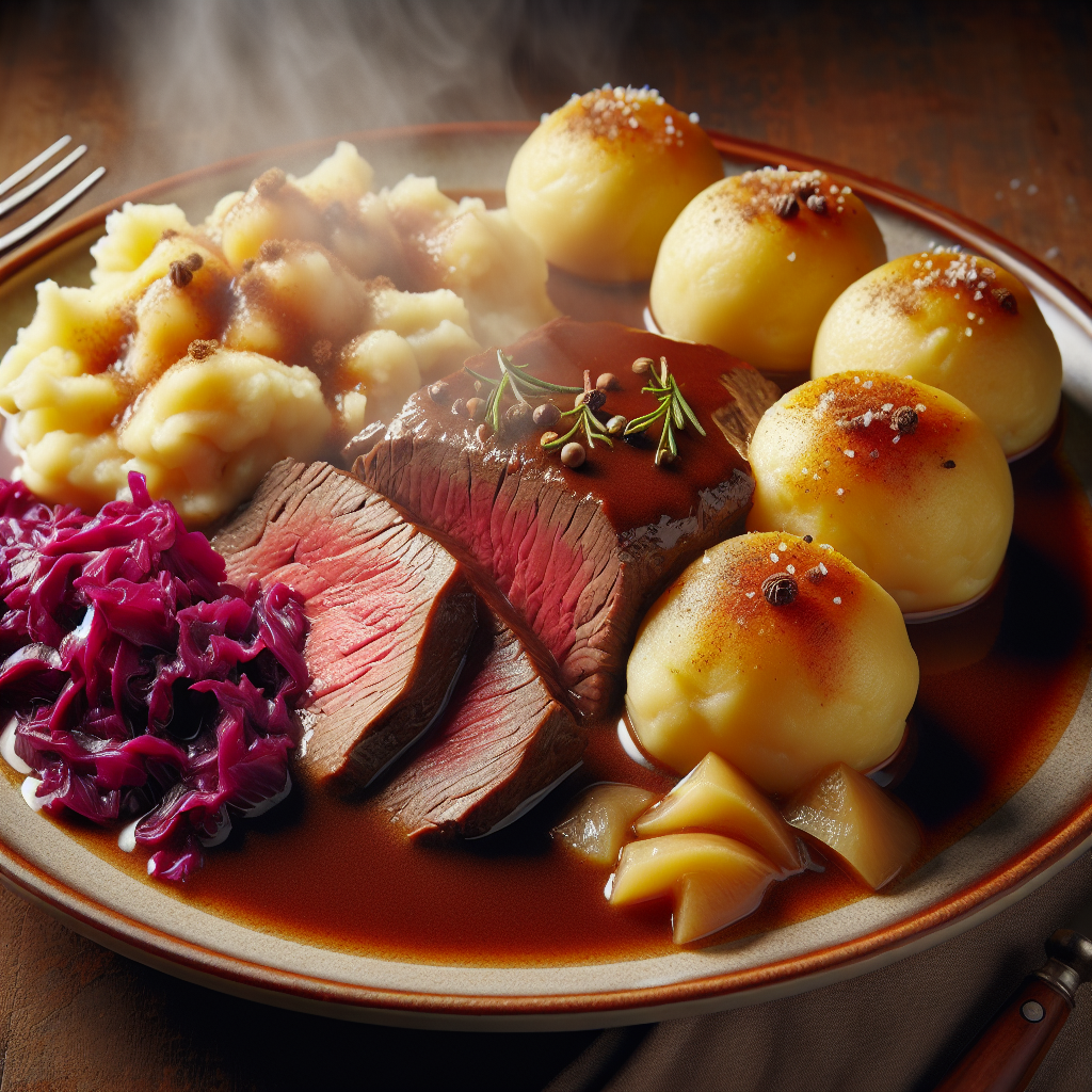 Ein dampfender Teller mit zartem Sauerbraten, umgeben von Kartoffelklößen und Rotkohl. Die braune Soße glänzt verlockend auf dem Fleisch, das in dünne Scheiben geschnitten ist. Ein traditionelles deutsches Gericht, das Liebe und Geduld bei der Zubereitung erfordert.