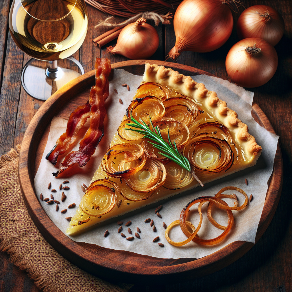 Ein Stück Zwiebelkuchen auf einem rustikalen Holzteller, mit goldbraunen Zwiebeln, knusprigem Speck und aromatischem Kümmel. Perfekt für gemütliche Herbstabende und gesellige Weinproben. Ein delikates Stück deutscher Tradition, das puren Genuss verspricht.