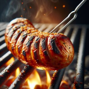 Ein saftiges Stück Bratwurst auf einem Grill, perfekt gebräunt und mit einer leckeren Kruste versehen. Der Duft von würzigen Gewürzen steigt in die Nase und verspricht ein unvergleichliches Geschmackserlebnis. Die Bratwurst, ein kulinarisches Highlight Deutschlands, das mit Liebe und Tradition zubereitet wird. Ein Genuss für alle Sinne!