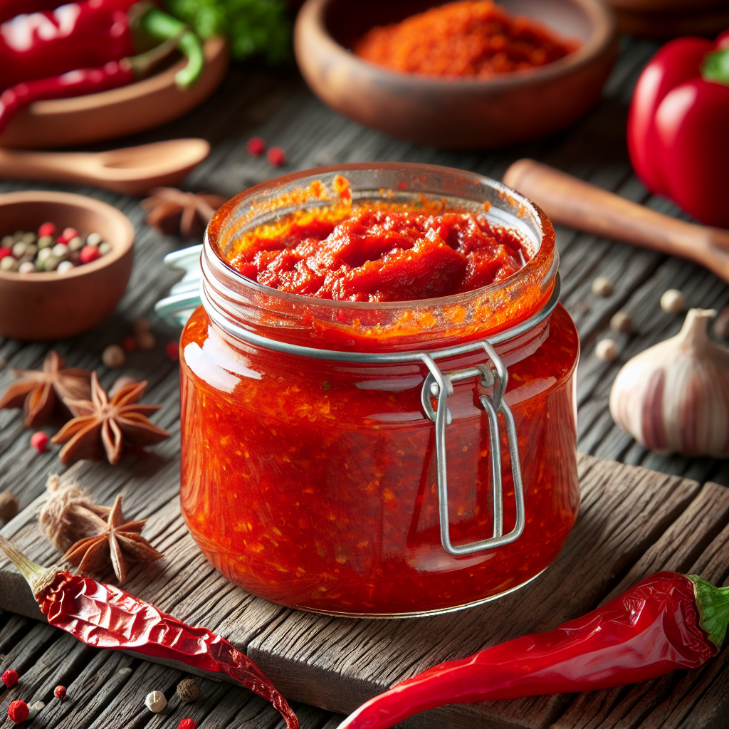 Ein Glas Ajvar, gefüllt mit rotem Paprikamus und feinen Gewürzen, auf einem rustikalen Holztisch. Die leuchtend rote Farbe und die verlockenden Aromen versprechen einen kulinarischen Genuss aus Nordmazedonien.