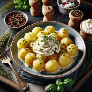 Ein Teller mit dampfenden Kartoffeln und cremigem Quark, garniert mit frischen Kräutern. Ein traditionelles deutsches Gericht, das den puren Geschmack Deutschlands verkörpert.