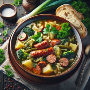 Ein dampfender Teller mit Żurek, der traditionellen polnischen Sauermehlsuppe, garniert mit frischem Grünzeug und einer Scheibe Brot. Die Suppe ist reichhaltig gefüllt mit deftigen Zutaten wie Wurststücken und Kartoffeln. Ein perfektes Gericht für kalte Wintertage oder ein gemütliches Familienessen, das einen Hauch von Polen auf den Tisch bringt.