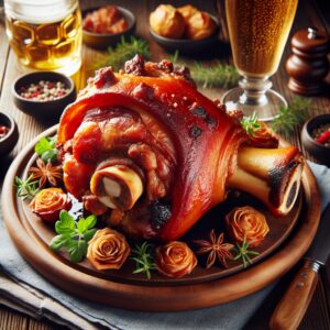 Ein goldbraun gebratene Schweinshaxe auf einem Teller, knusprig und saftig zugleich. Die perfekte bayerische Spezialität für das Oktoberfest oder einen gemütlichen Abend mit Freunden.