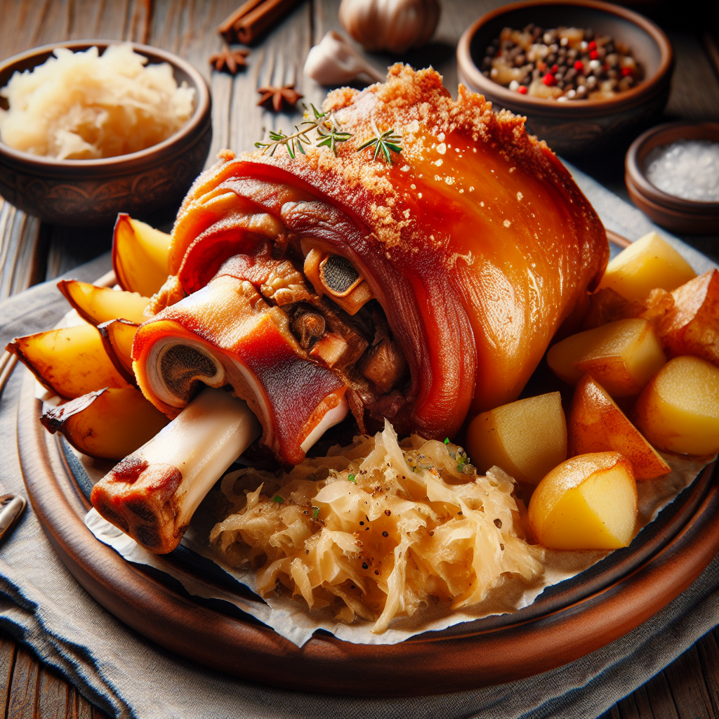 Ein goldbraun gebratene Schweinshaxe, knusprig von außen und zart im Inneren, serviert mit Sauerkraut und Kartoffeln. Ein traditionelles deutsches Gericht, das Gemütlichkeit und Genuss verspricht.