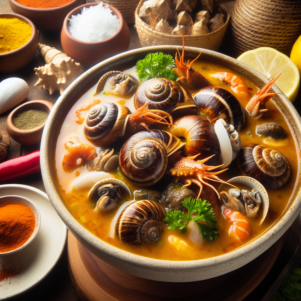 Ein dampfender Teller mit Sopa de Caracol, einer exotischen Schneckensuppe aus Honduras. Die Suppe ist reichhaltig mit Meeresfrüchten und Gewürzen verfeinert und wird mit Kokosmilch serviert. Ein kulinarisches Erlebnis, das die Aromen der Karibik vereint und einen Hauch von Exotik auf den Tisch zaubert. Ideal für Feinschmecker, die gerne Neues entdecken!