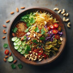 Ein bunter Salat mit fermentierten Teeblättern, Gemüse, Nüssen und einer würzigen Dressing. Ein exotischer Geschmack Myanmars in einem traditionellen Teesalat vereint.