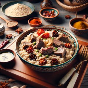 Ein köstliches Gericht aus Oman: Harees, ein traditioneller Weizenbrei mit zartem Fleisch und aromatischen Gewürzen. Perfekt für besondere Anlässe oder ein exotisches Dinner zu Hause. Tauchen Sie ein in die reiche Kultur und kulinarische Vielfalt Omans, indem Sie dieses authentische Gericht selbst zubereiten und einen Hauch von Oman in Ihrer Küche erleben!